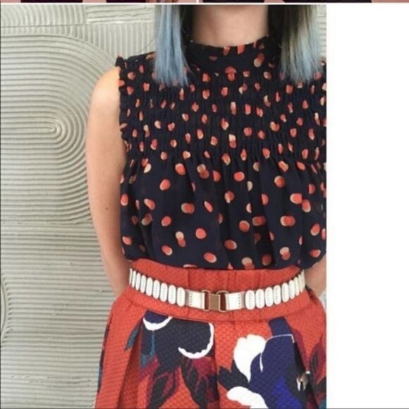 Anthropologie Maeve Darby Victorian Neck Smocked Swing Polkadot Blouse 4 - Picture 2 of 7